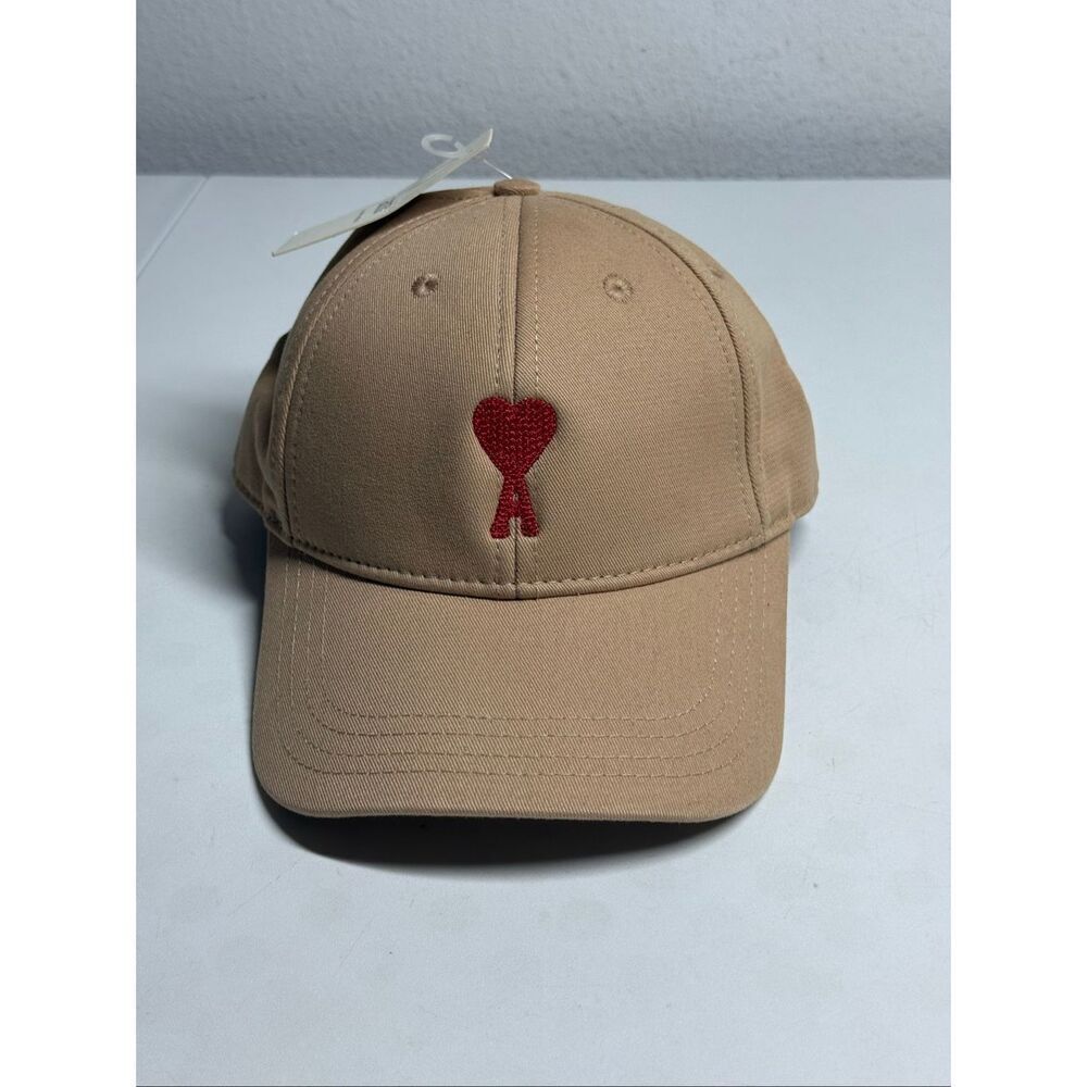 AMI Paris Logo-Embroidered Baseball Cap Unisex Tan Red Logo One Size Adult* Note